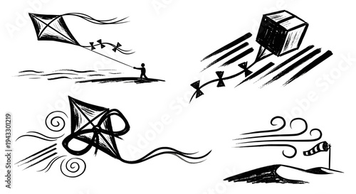 Collection of abstract black ink drawings depicting kites and wind elements