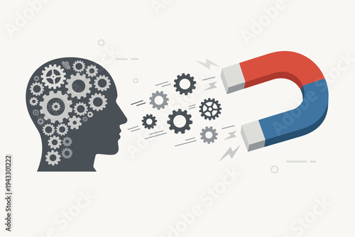Vector Illustration of a Human Head Silhouette with Internal Gears Being Attracted by a Large Horseshoe Magnet, Symbolizing Memory Loss, Brain Drain, Cognitive Decline, or Mental Manipulation