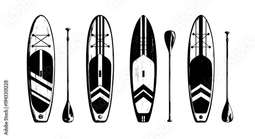 Collection of stand up paddleboards and paddles in a graphic, black and white illustration style