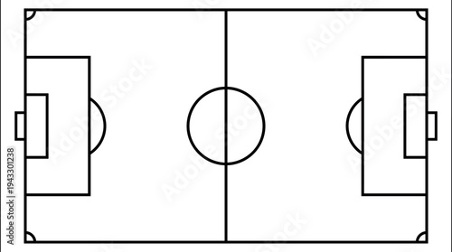 Minimalist top view of a soccer field layout with black lines on white background featuring goal areas center circle and penalty markings