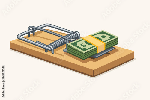 Vector illustration of a wooden mousetrap with a stack of green dollar bills used as bait, symbolizing financial risk, greed, debt traps, and business scams, on a clean light background.