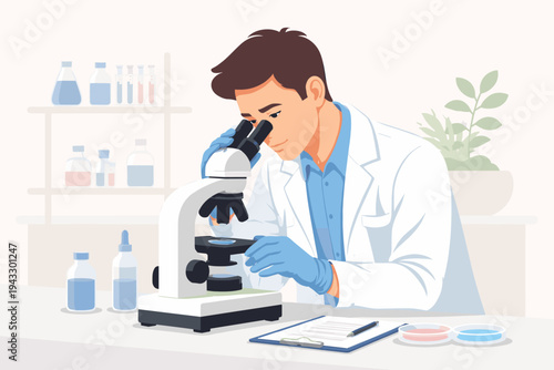 Flat vector illustration of a professional male scientist or clinical pathologist wearing a white coat and blue gloves, conducting medical research by looking into a microscope in a laboratory.