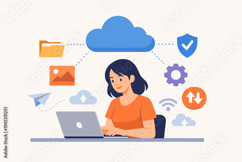 Flat Vector Illustration of a Young Woman Working on a Laptop Using Cloud Computing Services for Data Storage, File Sharing, and Security, Featuring Icons for Syncing, Settings, and Connectivity.