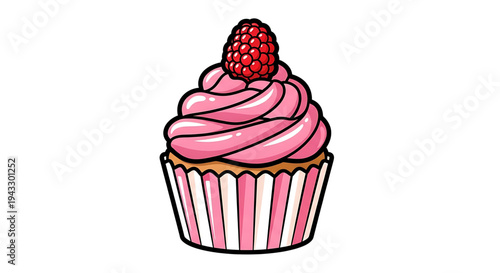 Whimsical pink frosted cupcake topped with a vibrant red raspberry presented in a striped pink and white wrapper isolated on a clean white background perfect for celebrations