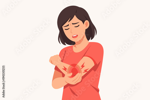 Flat Vector Illustration of a Young Woman Suffering from Severe Elbow Pain, Joint Inflammation, or Injury, Holding Her Arm with a Painful Expression, Isolated on a Light Background for Healthcare