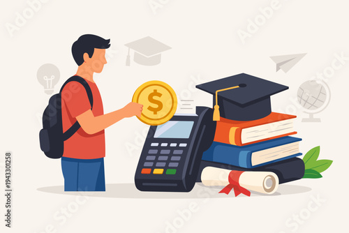 Vector Illustration of a Student Paying for Education with a Large Coin at a POS Terminal, Representing Tuition Fees, College Costs, Student Loans, and Investment in Future Academic Success.
