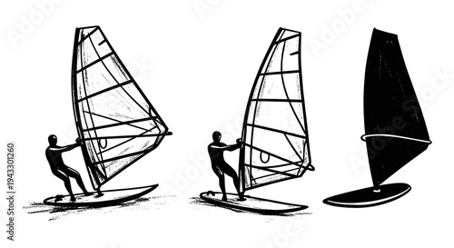 Three windsurfers in silhouette, one with a black sail and two with transparent sails