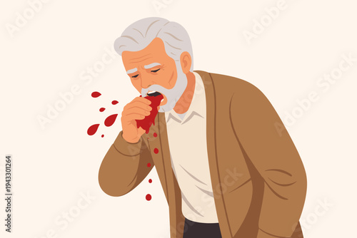 Vector illustration of an elderly man with grey hair and a beard coughing up blood into his hand, representing serious medical conditions like tuberculosis, lung cancer, or internal bleeding.