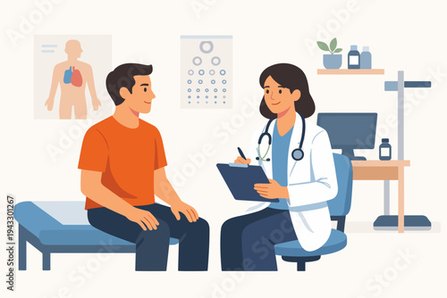 Vector illustration of a male patient in an orange shirt sitting on an examination table during a medical consultation with a female doctor in a white coat writing on a clipboard in a clinic.