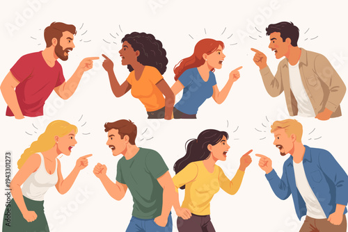 Vector Illustration of Diverse Angry Casual People, Men and Women Yelling and Shouting at Each Other in Conflict, Pointing Fingers and Expressing Aggression, Simple Flat Style Design Elements