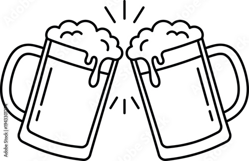Minimalist line art illustration of two beer mugs clinking in a toast with foam splashing for brewery branding and celebration party designs