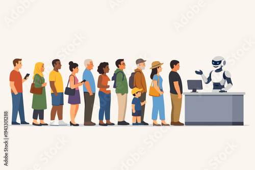 Diverse Group of People of Different Ages and Ethnicities Waiting in a Long Queue for Customer Service at a Counter with a Robot Assistant, Artificial Intelligence and Automation Concept Illustration