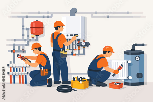 Vector illustration of professional plumbers in orange uniforms and helmets installing or repairing a home heating supply system with gas boiler, radiator, and water heater in a house basement.