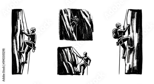 Illustrations of rock climbers ascending steep cliffs with ropes and helmets