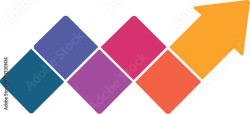 four colorful diamond shapes with gold upward diagonal arrow modern geometric growth logo flat vector design isolated background.