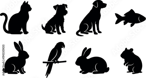 Set of black pet animal silhouettes featuring cat dog rabbit parrot fish and hamster icons for veterinary clinic and pet shop branding