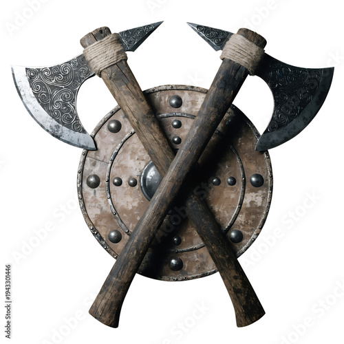 Wallpaper Mural Ornate crossed Viking axes and round medieval wooden shield with metal rivets for warrior combat on a transparent PNG cutout background Torontodigital.ca