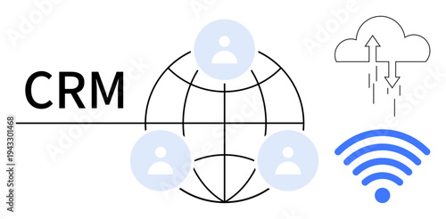 CRM concept. CRM tools streamline customer relationship management using global connectivity, cloud storage, and wireless technology. For business solutions, marketing, sales, technology