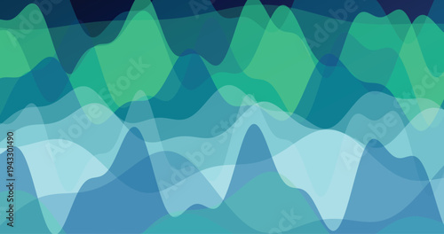 Abstract layered wavy translucent forms in shades of blue and green creating gentle rolling landscape