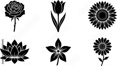 Black Silhouette Flower Icon Set Featuring Rose Tulip Sunflower Lotus Lily and Daisy Vector Illustrations Isolated on White Background for Elegant Nature Design