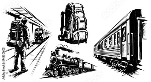 Sketch of a backpacker waiting for a train with vintage steam locomotive and modern train cars