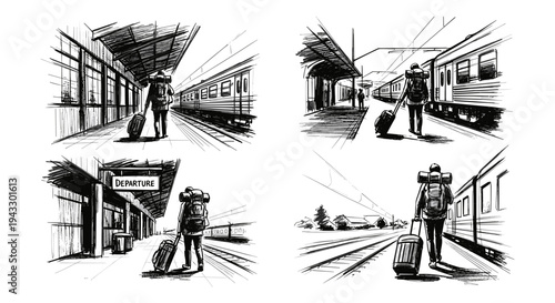 Traveler with backpack and suitcase walking on train station platform towards a train