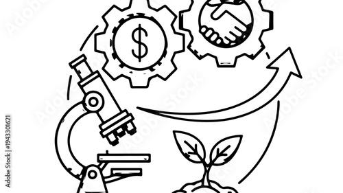 Microscope science innovation with gear, dollar, handshake, and growing plant featuring growth, business, finance with technology and research