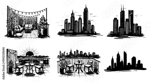 Collection of hand-drawn city skylines and balcony scenes with string lights and plants