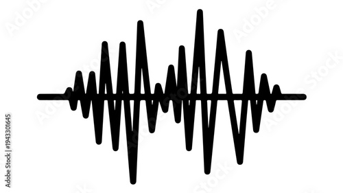 Waveform with irregular black sound pattern on white background featuring audio effect, clean design, minimalist design with audio illustration and