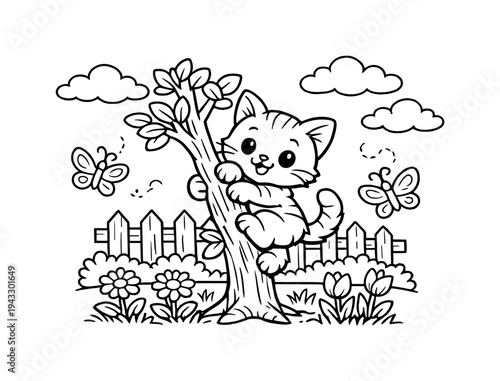 Playful kitten climbing a small tree in a garden with blooming flowers, butterflies fluttering nearby, a wooden fence in the