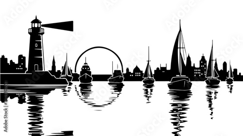 Cityscape silhouette with lighthouse and sailboats on calm water featuring reflection, skyline, urban with landscape and architecture elements for