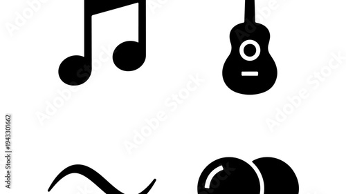 Music icons set with black silhouette eighth note, guitar, wave and vinyl records on white background.