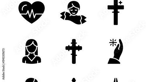 Crosses spiritual set with praying hands and sacred symbols in black silhouette featuring cross, spirituality, religion with faith and prayer