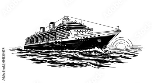 Large cruise ship sailing on the ocean waves with a stylized sunset in the background