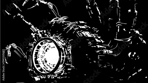 Drum kit with cymbals and bass in a dark, monochromatic setting for music performance featuring drums, musical instrument, toms with percussion and