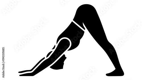 Woman doing downward-facing dog yoga pose in black silhouette with white outline on plain background