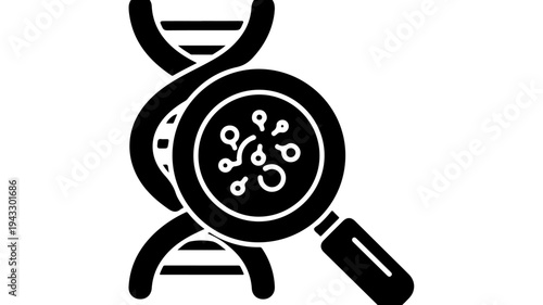 Magnifying glass with molecular structure and DNA double helix symbol in black featuring science, biology, molecule with genetics and research