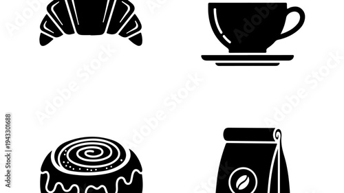 Croissant food icon with coffee cup, coffee bag, and pastry, simple black and white illustrations featuring illustration, breakfast, bakery with