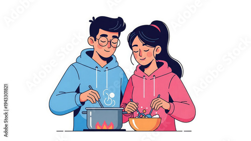 Couple cooking together in kitchen with pot and bowl