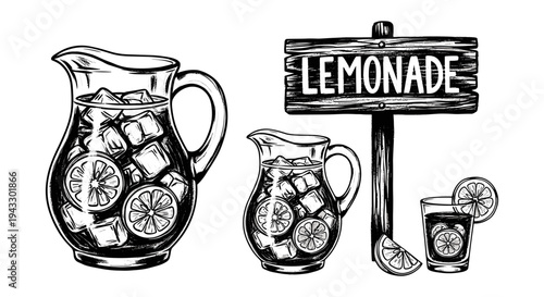 Refreshing lemonade pitchers and glass with ice and lemon slices, vintage style illustration