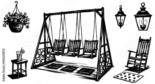 Hand-drawn illustration of a porch swing, rocking chair, and hanging basket with flowers
