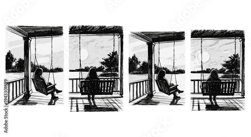 Woman on porch swing overlooking lake at sunset, contemplative mood, black and white sketch