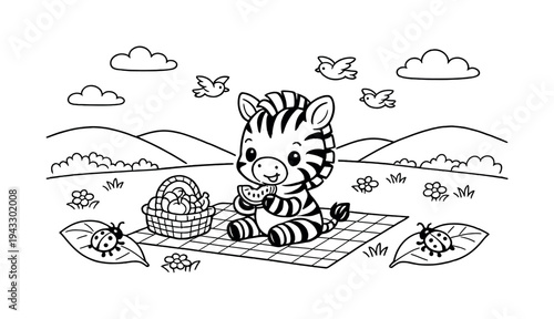 Zebra's Meadow Picnic. Little zebra having a picnic in a grassy meadow with a small basket of fruit, ladybugs on leaves, rolling