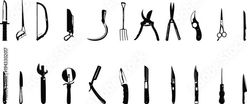 Kitchen utensil icons set for cooking, food preparation, and restaurant design. Minimal outline and solid tools including knife, fork, ladle, tongs, and scissors. Clean vector graphics for menus, apps
