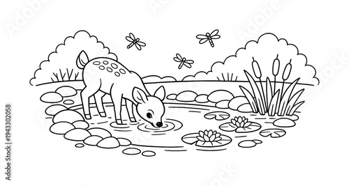 Gentle deer drinking from a quiet woodland pond with lily pads on the water, smooth stones along the shore, reeds growing nearby