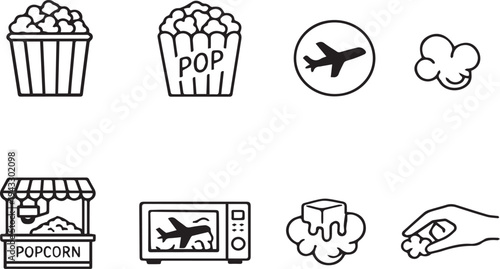 Popcorn and airplane travel line icons set, microwave popcorn, movie snacks, and buttered popcorn vector illustrations.