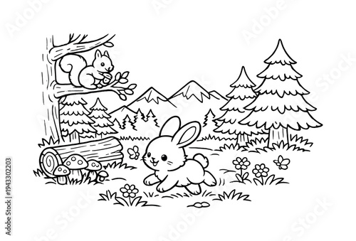 Sweet bunny playing in a forest clearing with tall pine trees, mushrooms growing near a fallen log, a friendly squirrel on a