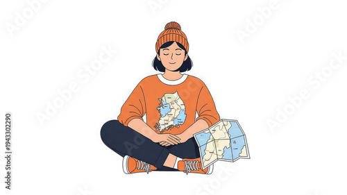 Woman sits cross legged with eyes closed holding a map