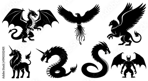 Mythical Creatures Silhouette Icon Set Dragon Phoenix Griffin Vector Isolated on White