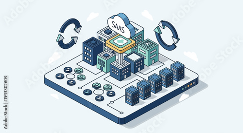 Cloud Computing SaaS Architecture with Servers and Network Connections.